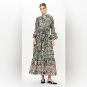 Oliphant Ruffle Collar Bell Maxi Dress Matera Green NWT NEW